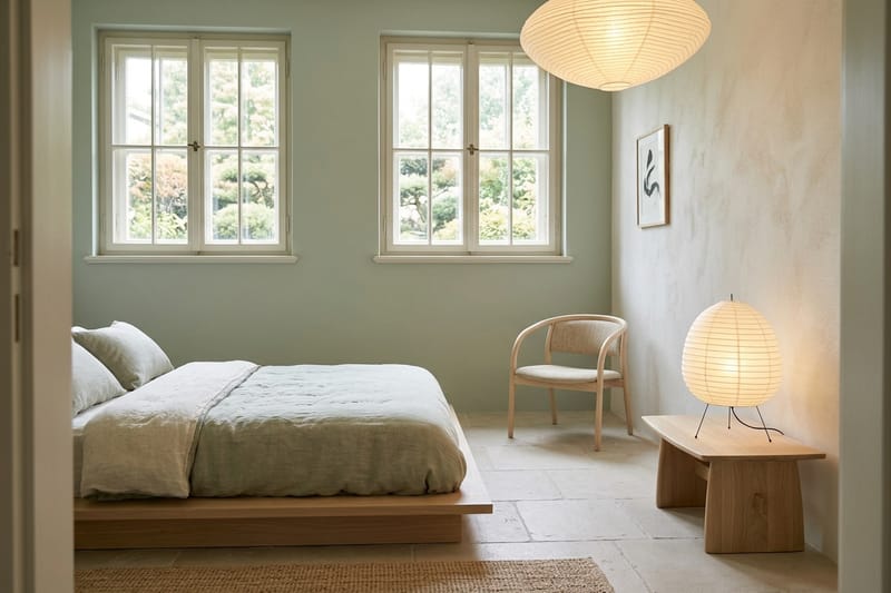 The same room restyled as a Japandi bedroom: soft sage walls, a low oak bed and a woven rug, with the original casement window kept