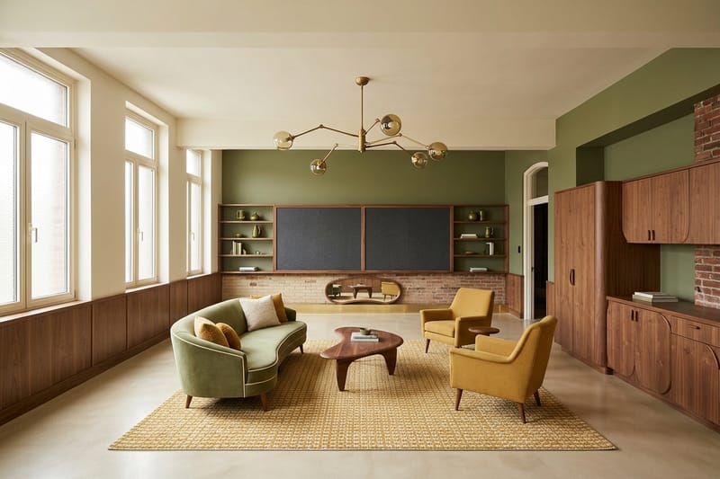 The same room redesigned as a mid-century living room: olive walls, walnut built-ins, mustard armchairs and a brass ceiling light