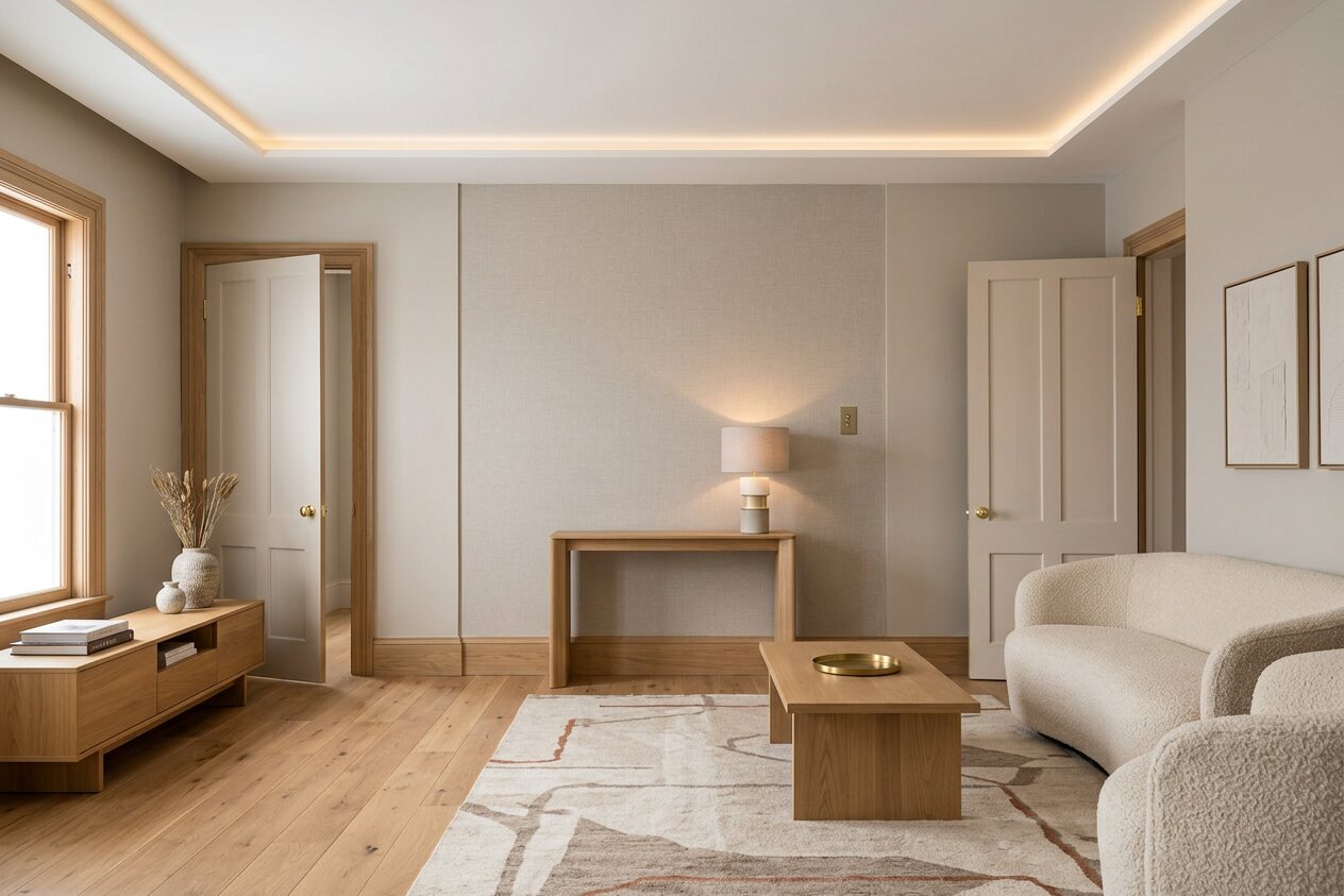 The same room as RemodelAI renovated it: a finished warm modern living room