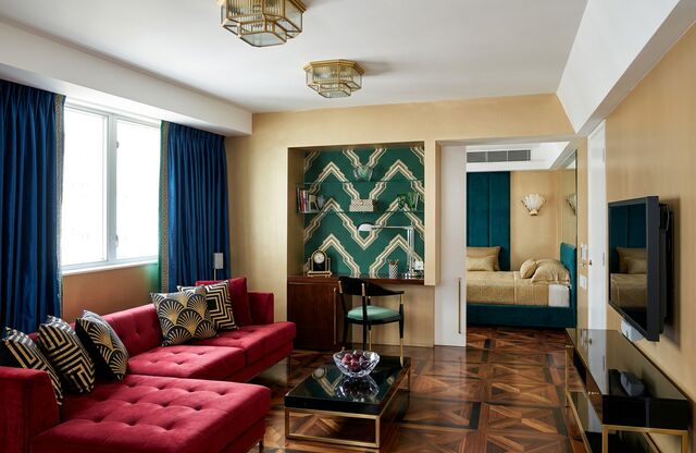 A living room redesigned by AI in the Art Deco style