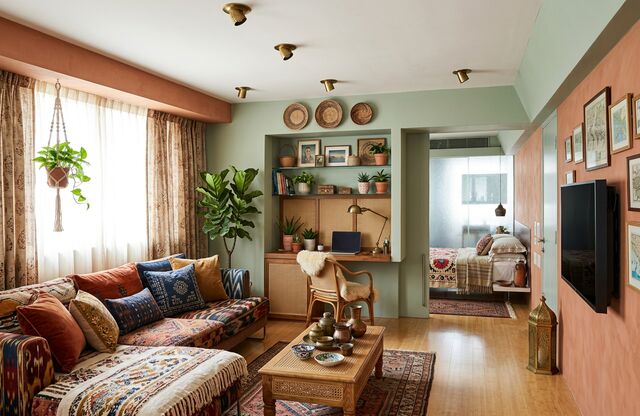 A living room redesigned by AI in the Bohemian style