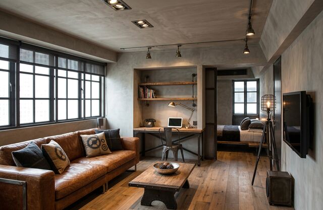 A living room redesigned by AI in the Industrial style