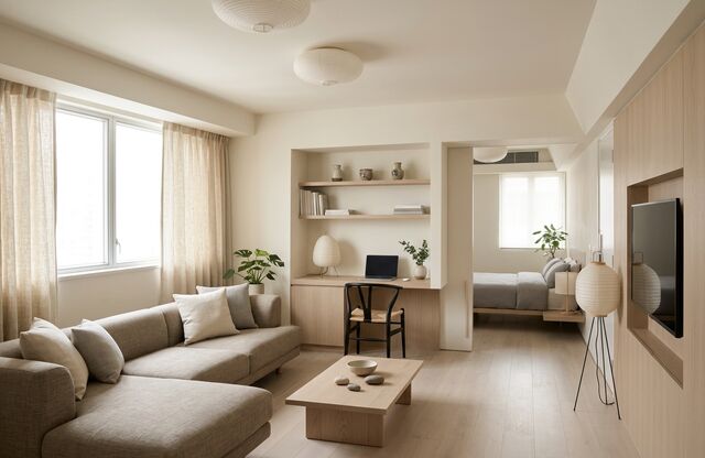 A living room redesigned by AI in the Japandi style