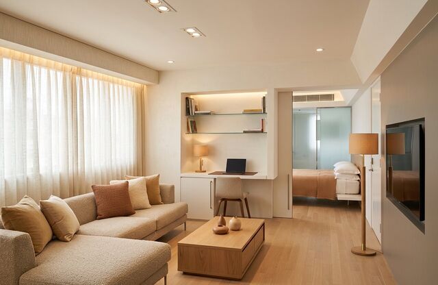 A living room redesigned by AI in the Warm modern style